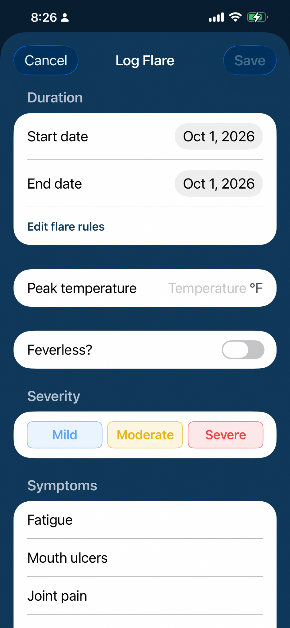PFSTrack Log Flare screen showing duration, peak temperature, feverless status, severity, and symptoms