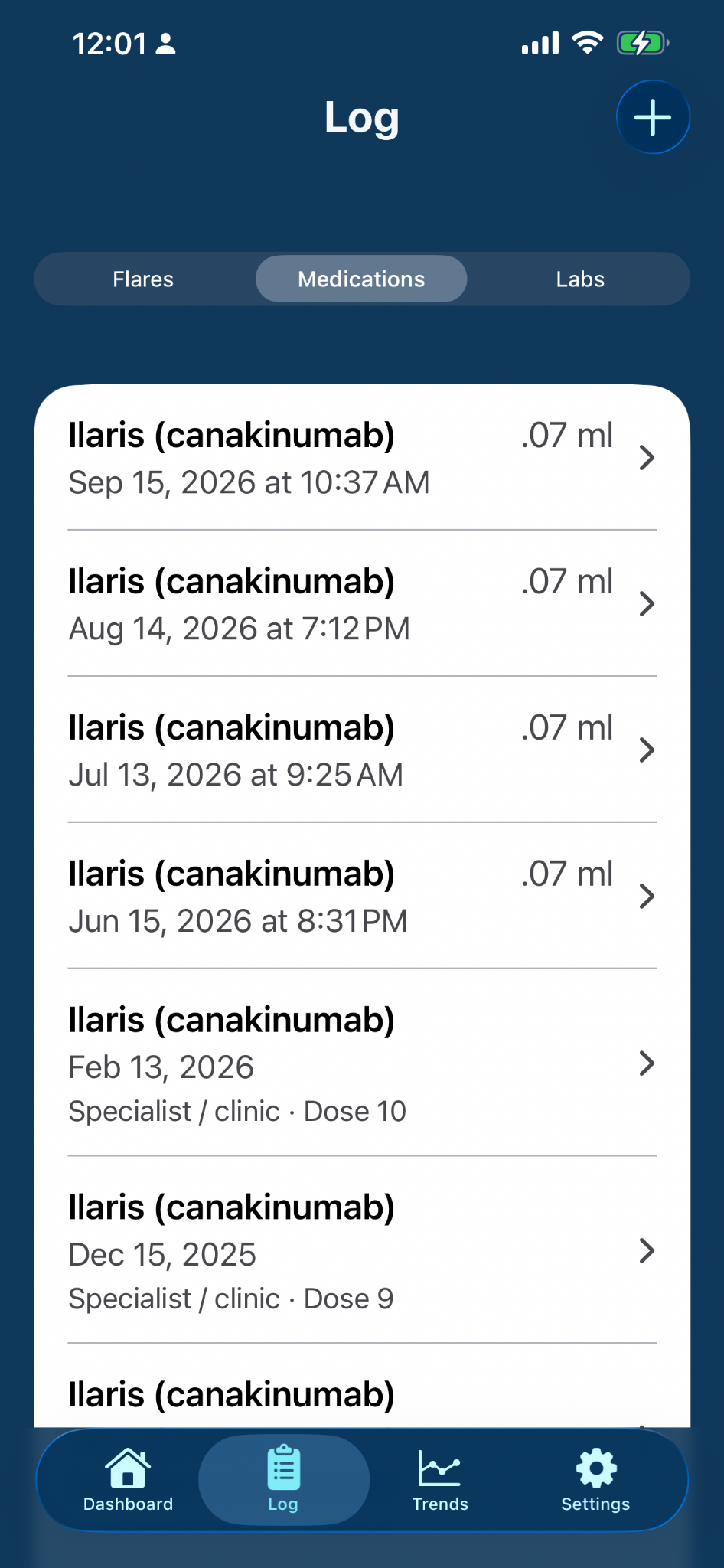 PFSTrack medication log showing doses over time