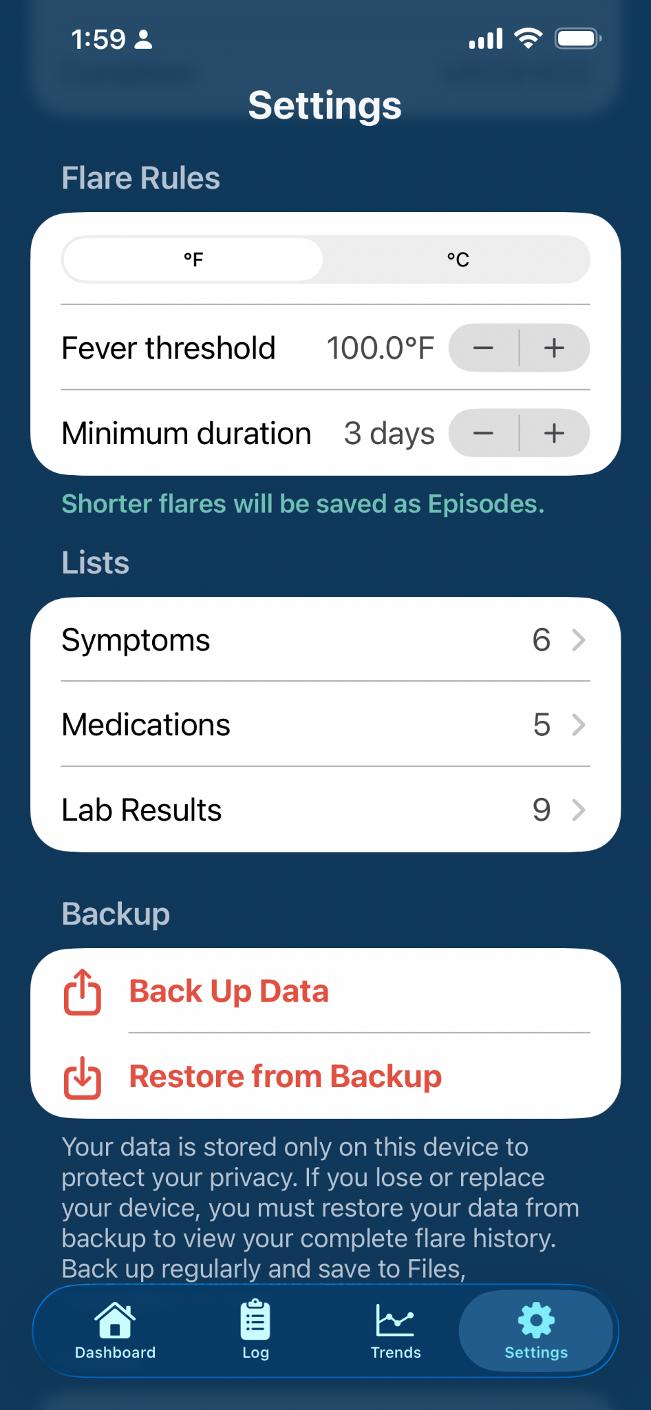 PFSTrack Settings screen showing customizable flare rules, symptoms, medications, and lab results