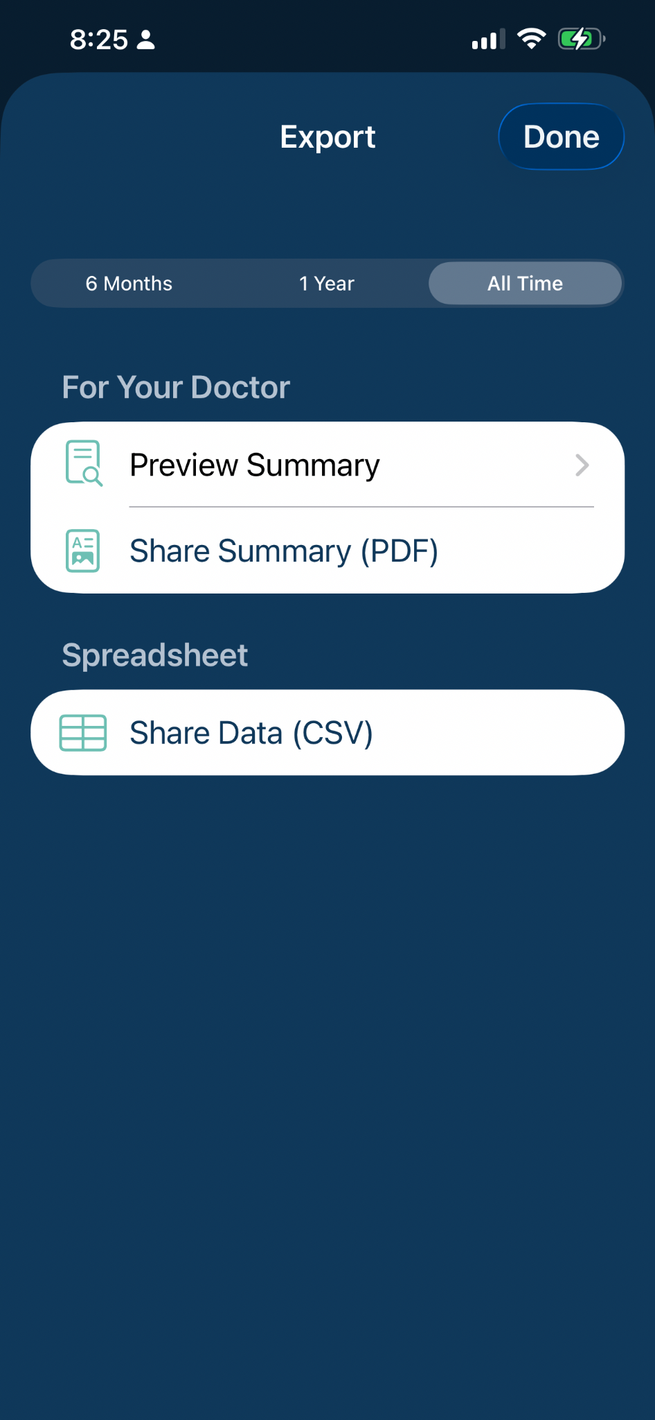 PFSTrack Share screen with options to preview or share a clinical summary